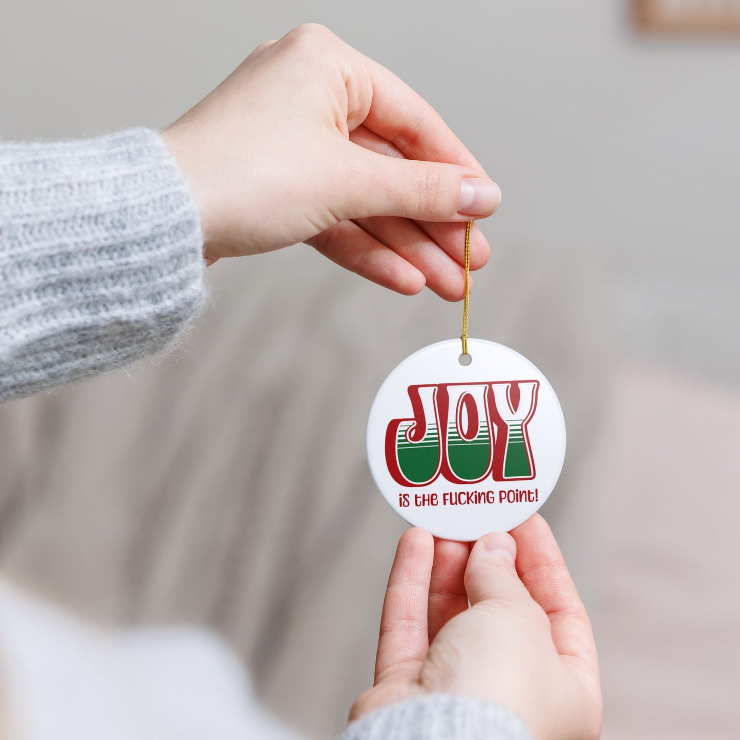 Red Holiday Joy Ceramic Ornament, (explicit)