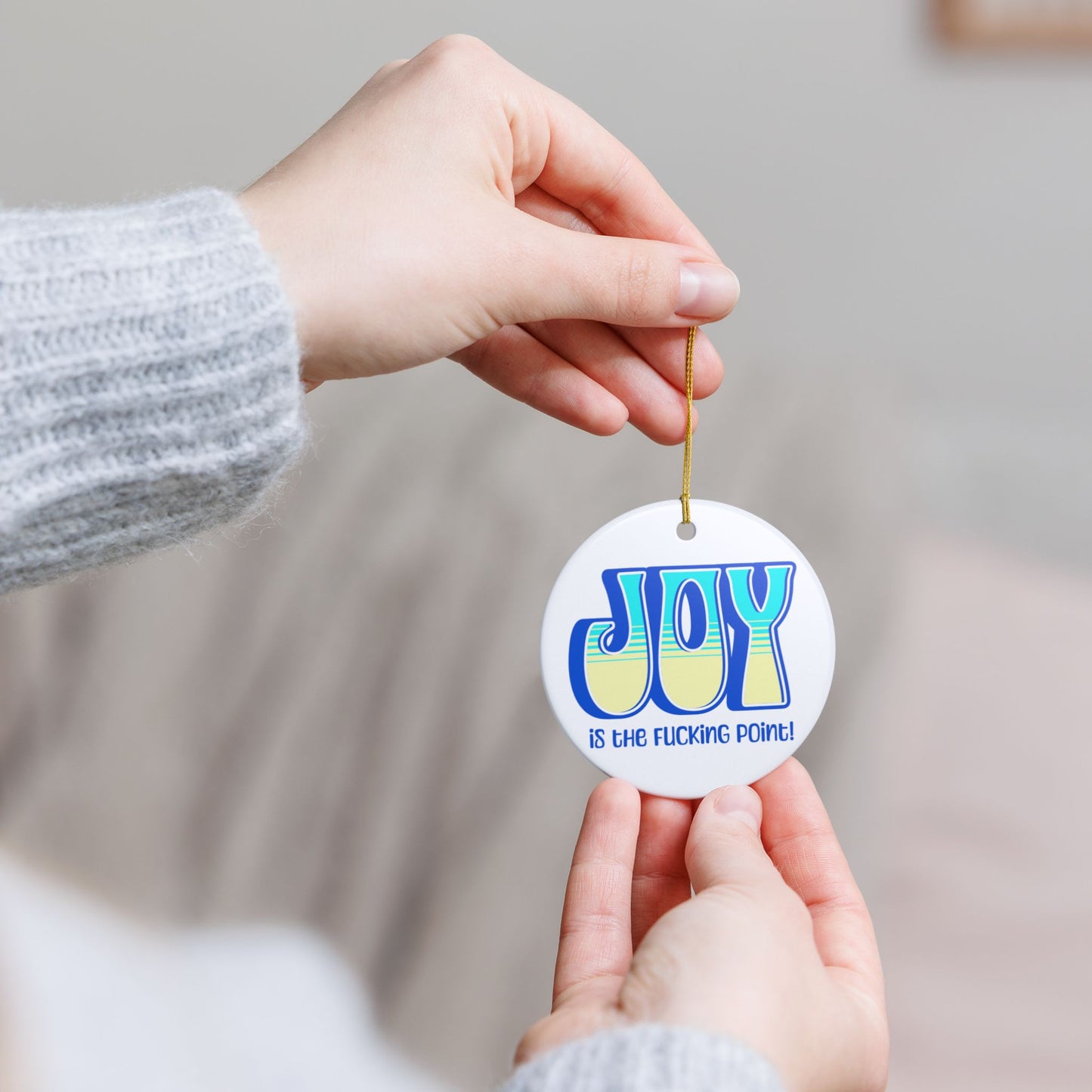 Blue Teal Yellow Joy Ceramic Ornament, (explicit)