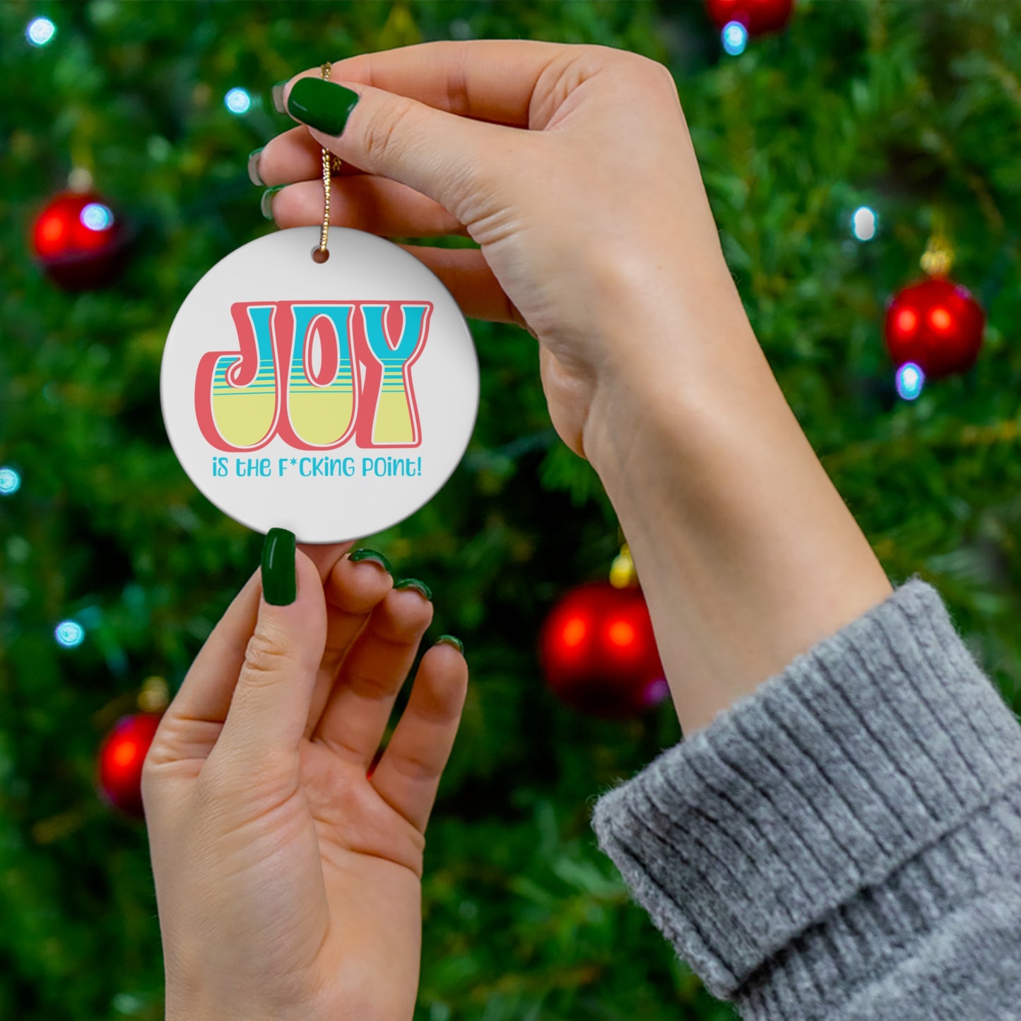 JOY censored (Salmon Blue Yellow) Ceramic Ornament