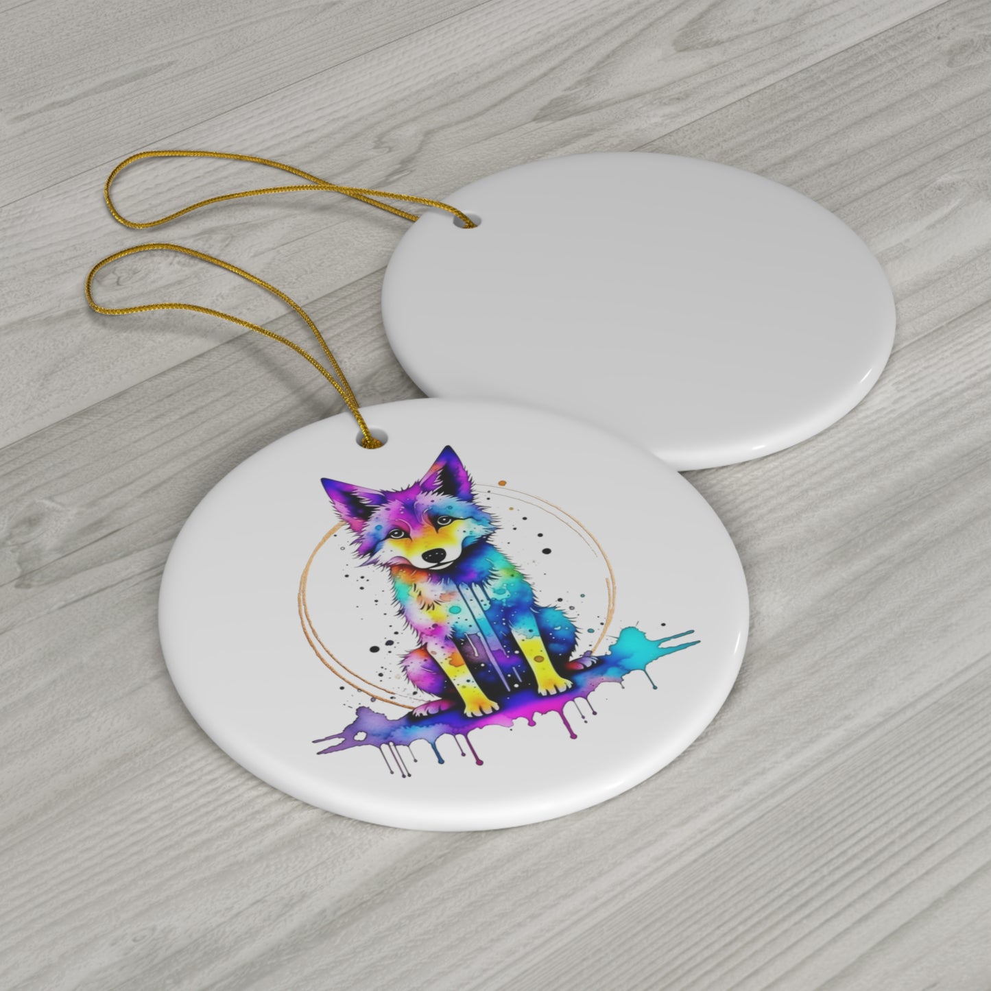 Vibrant Wolf Ceramic Ornament