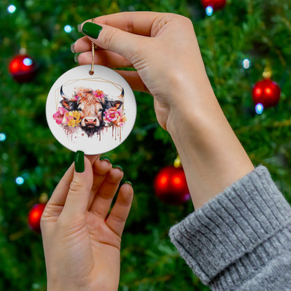 Golden Highland Cow Ceramic Ornament