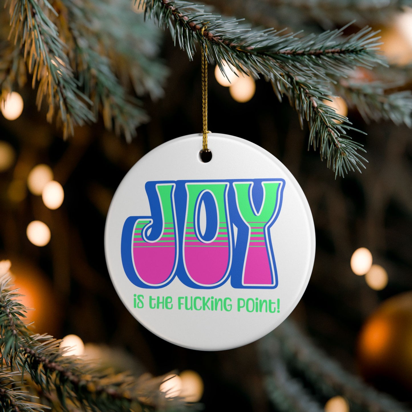 Blue Pink Green Joy Ceramic Ornament,  (explicit)