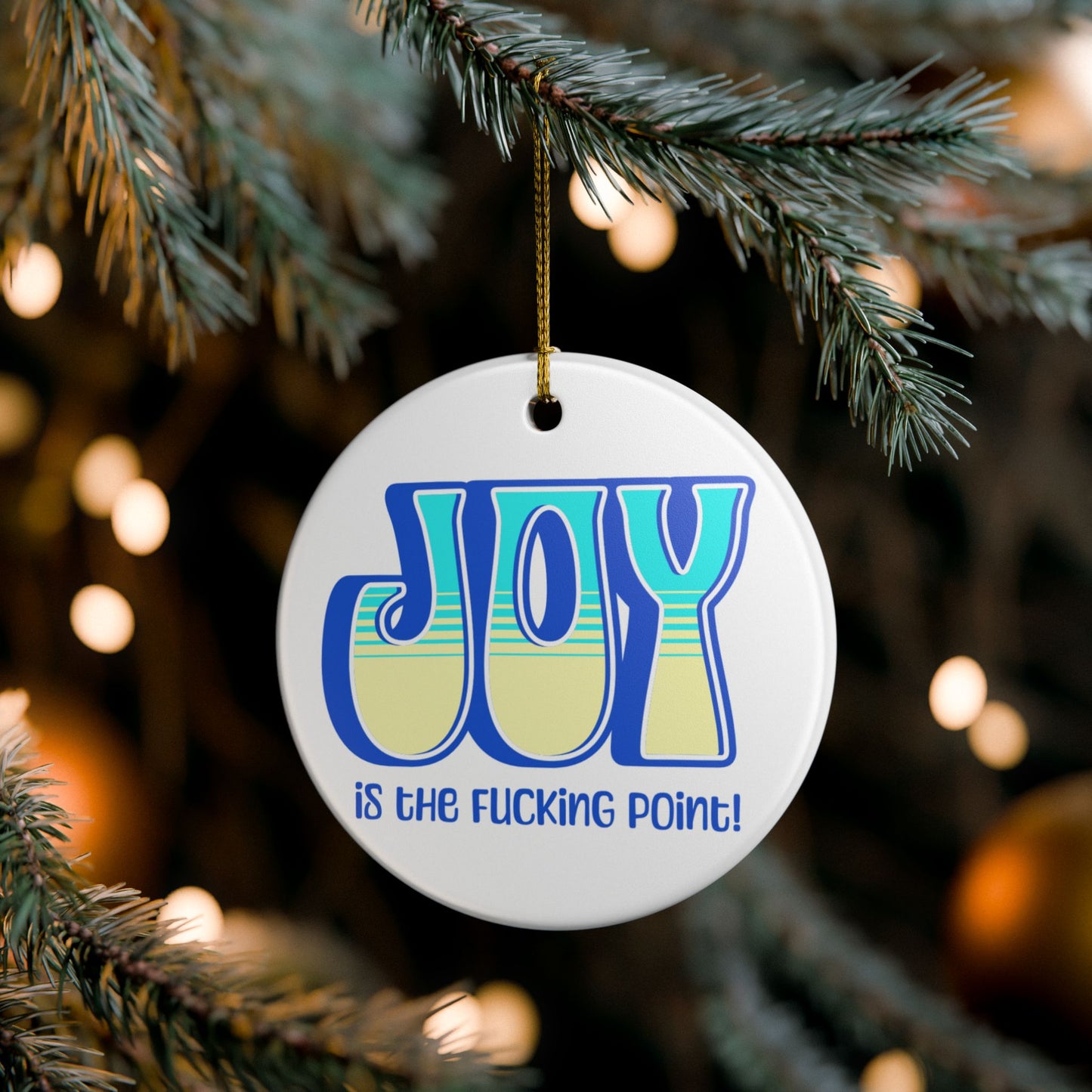 Blue Teal Yellow Joy Ceramic Ornament,  (explicit)