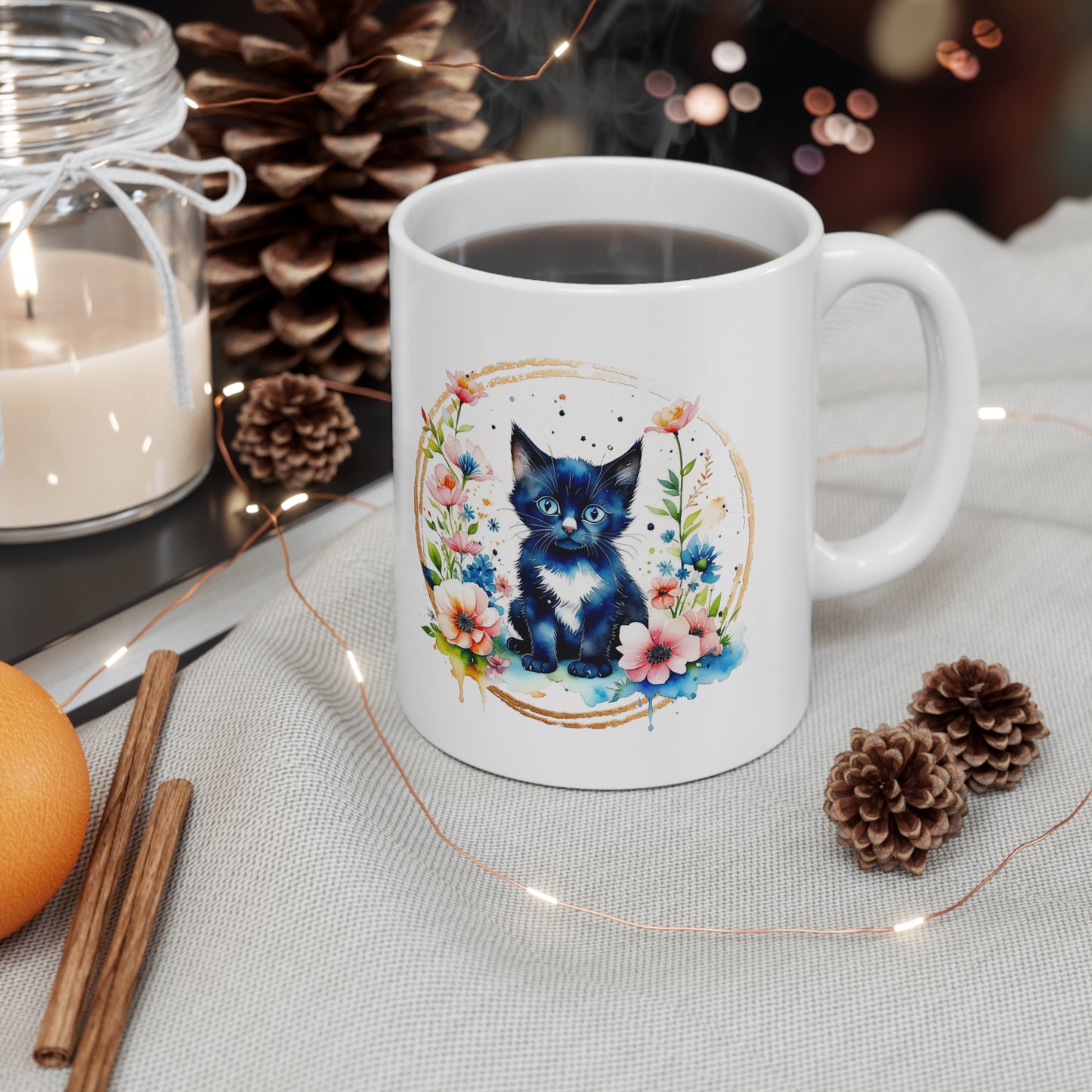 Golden Black Kitten Ceramic Mug 11oz