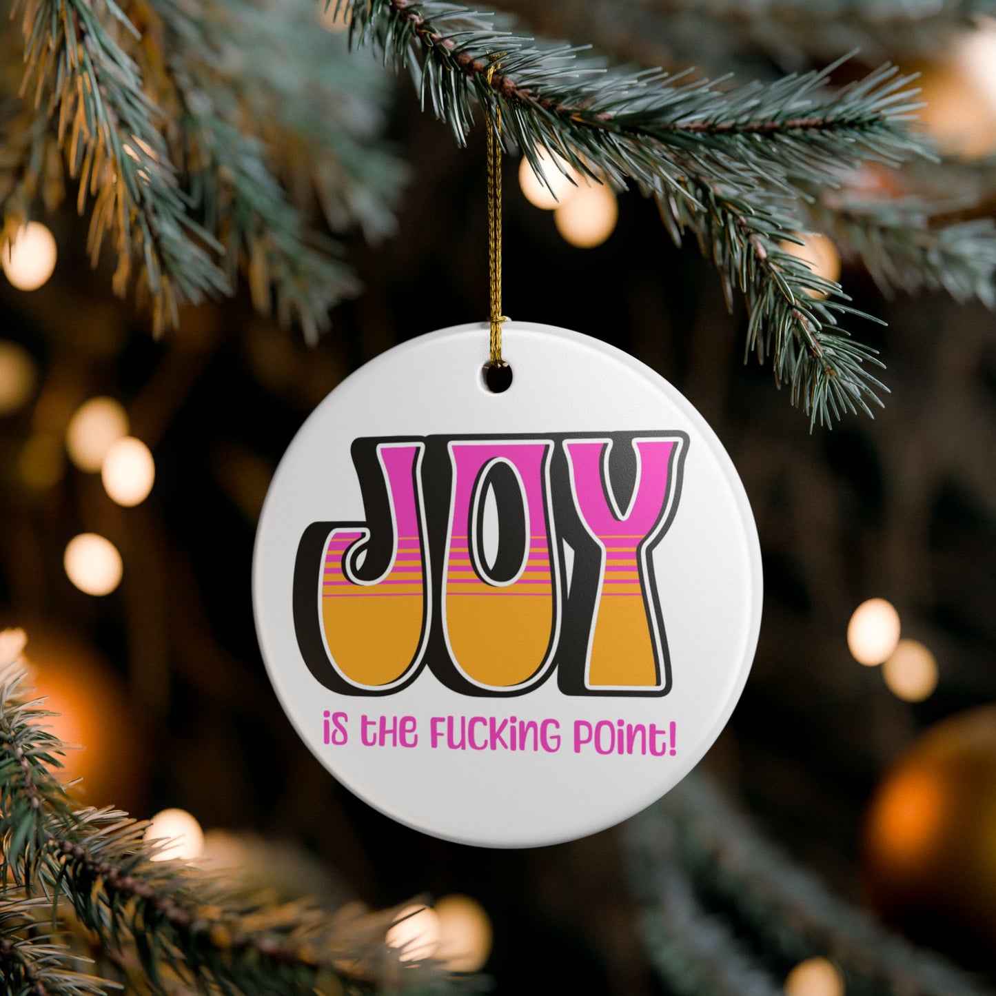 Black Pink Orange JOY Ceramic Ornament (explicit)