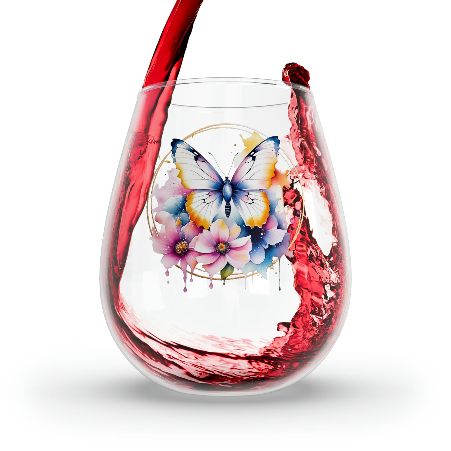 Golden Butterfly Stemless Wine Glass, 11.75oz