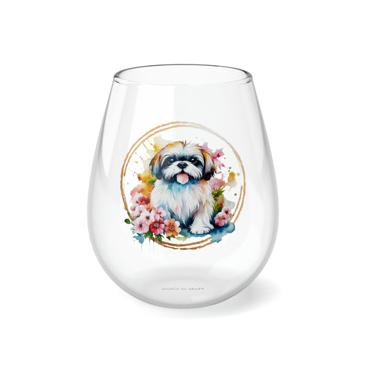 Golden Shih Tzu Stemless Wine Glass, 11.75oz