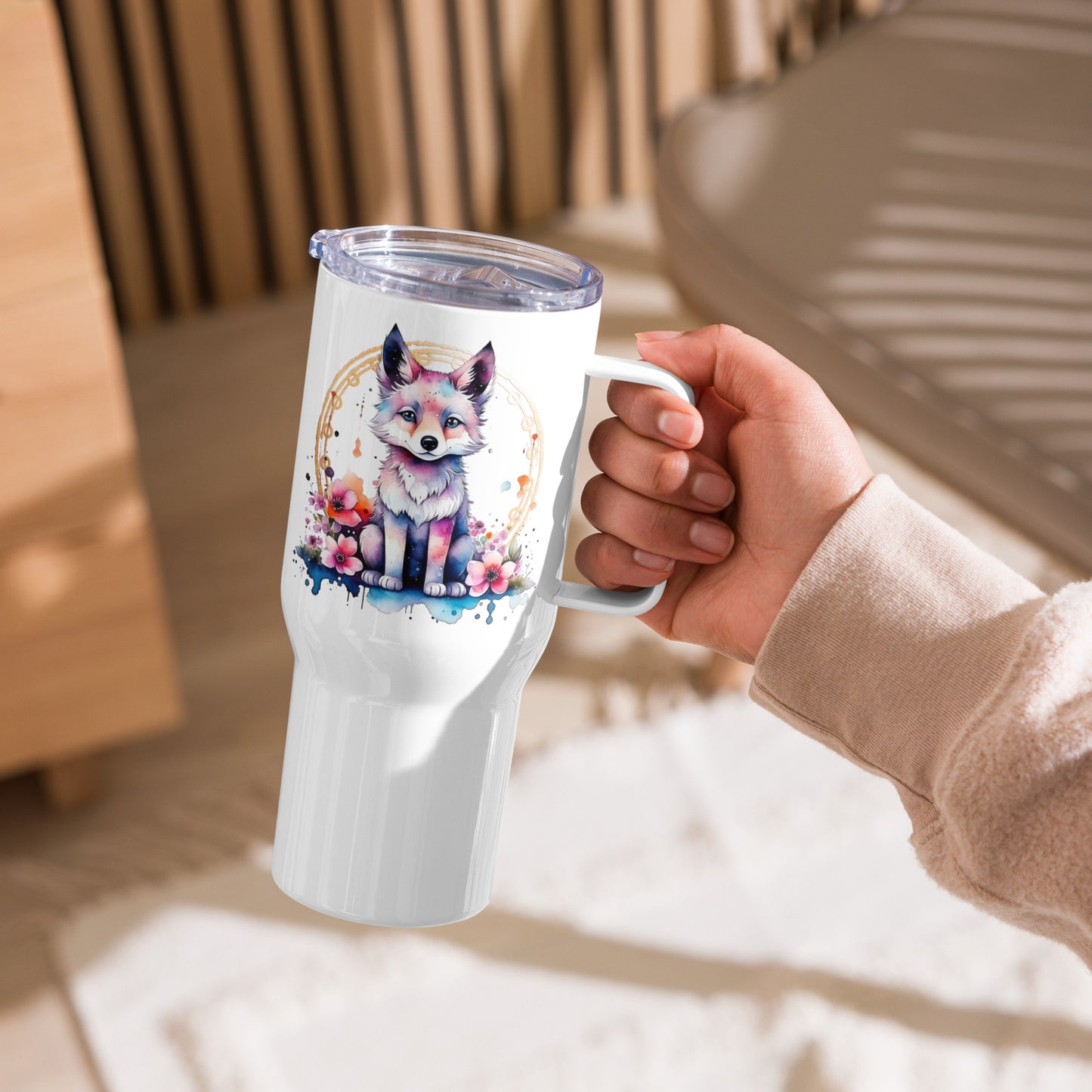 Golden Wolf Travel mug with a handle