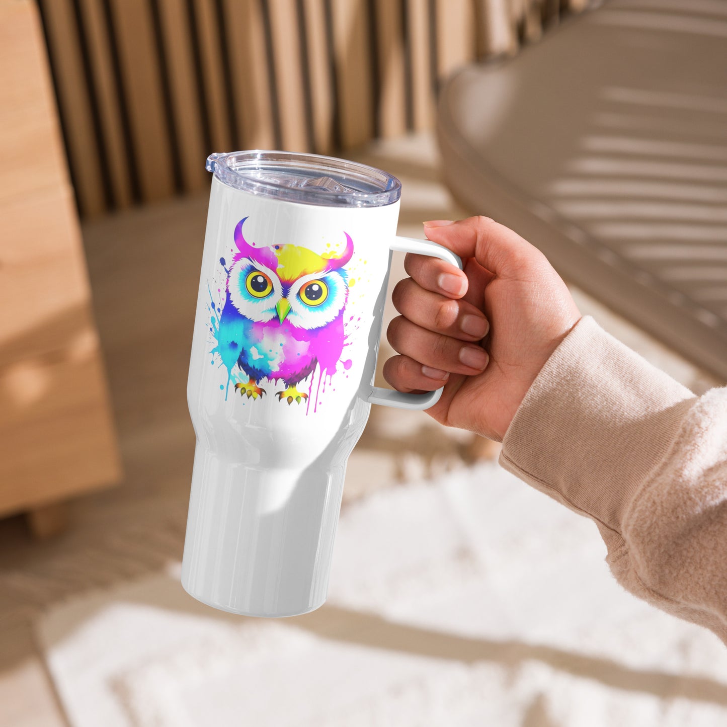 Vibrant Owl Travel mug with a handle