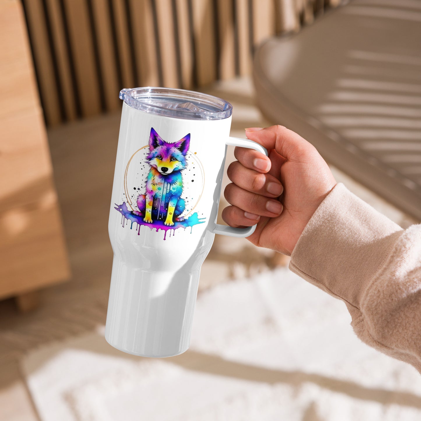 Vibrant Wolf Travel mug with a handle