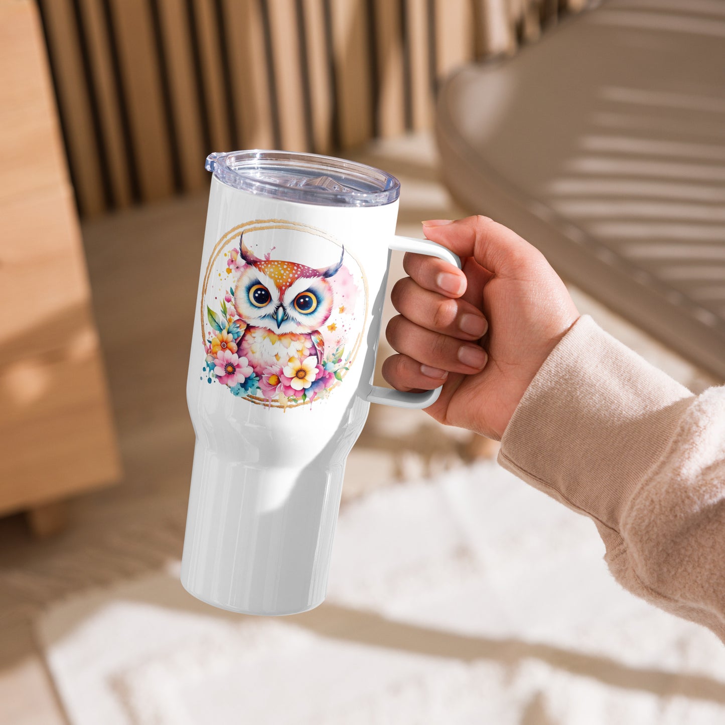 Golden Owl Travel mug with a handle