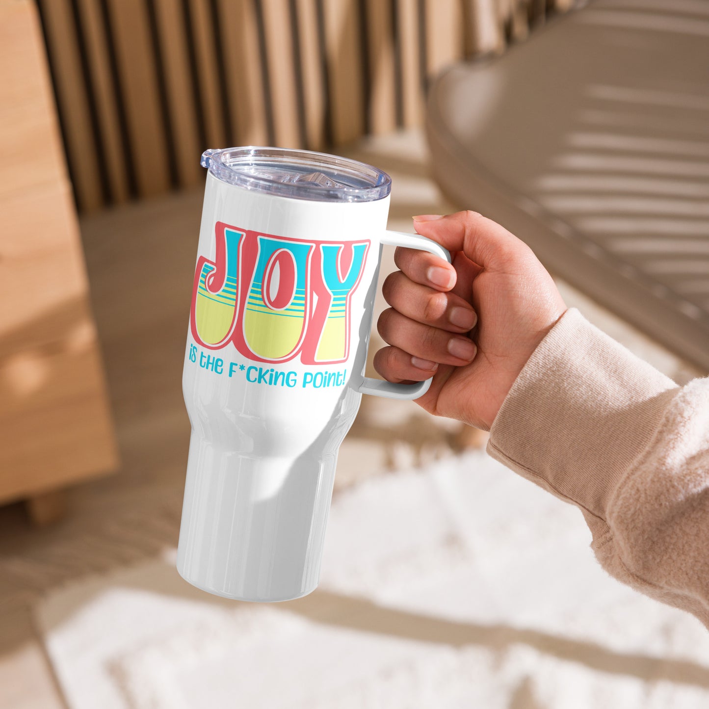 JOY (salmon blue yellow) Travel mug with a handle