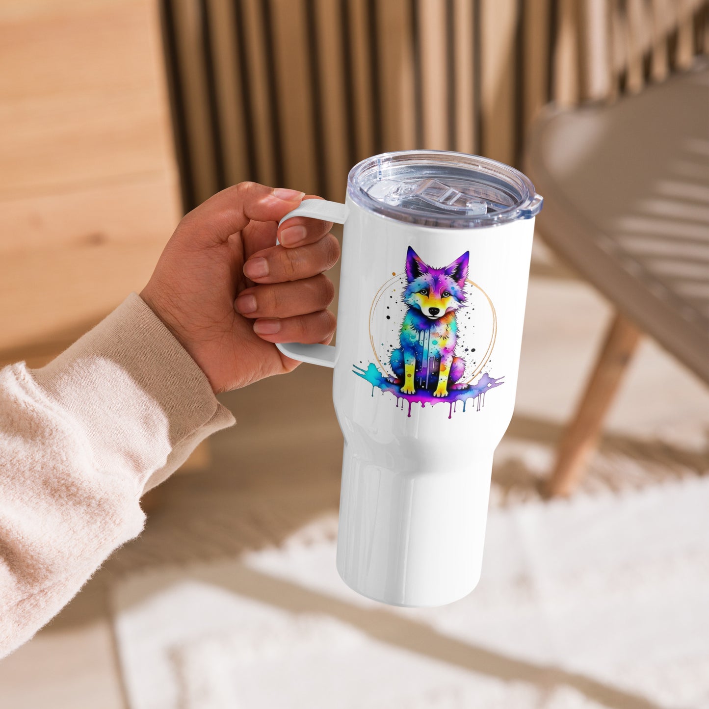 Vibrant Wolf Travel mug with a handle