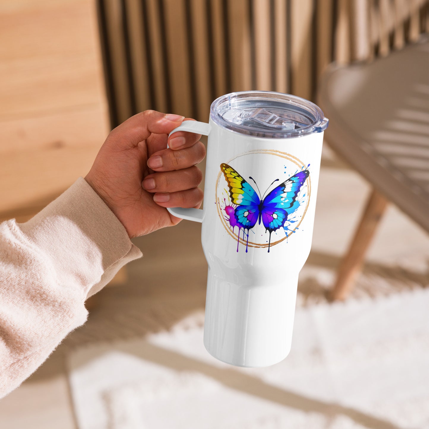 Vibrant Butterfly Travel mug with a handle