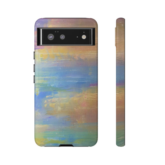  iPhone, Galaxy, and Google Pixel phone cases featuring Springtime Dreams artwork, an abstract pour / drip painting featuring pastel pink, purple, green, blue, and yellow