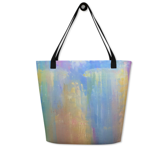 16" x 20"  tote bag with large inside pocket featuring Springtime Dreams artwork, an abstract pour / drip painting featuring pastel pink, purple, green, blue, and yellow